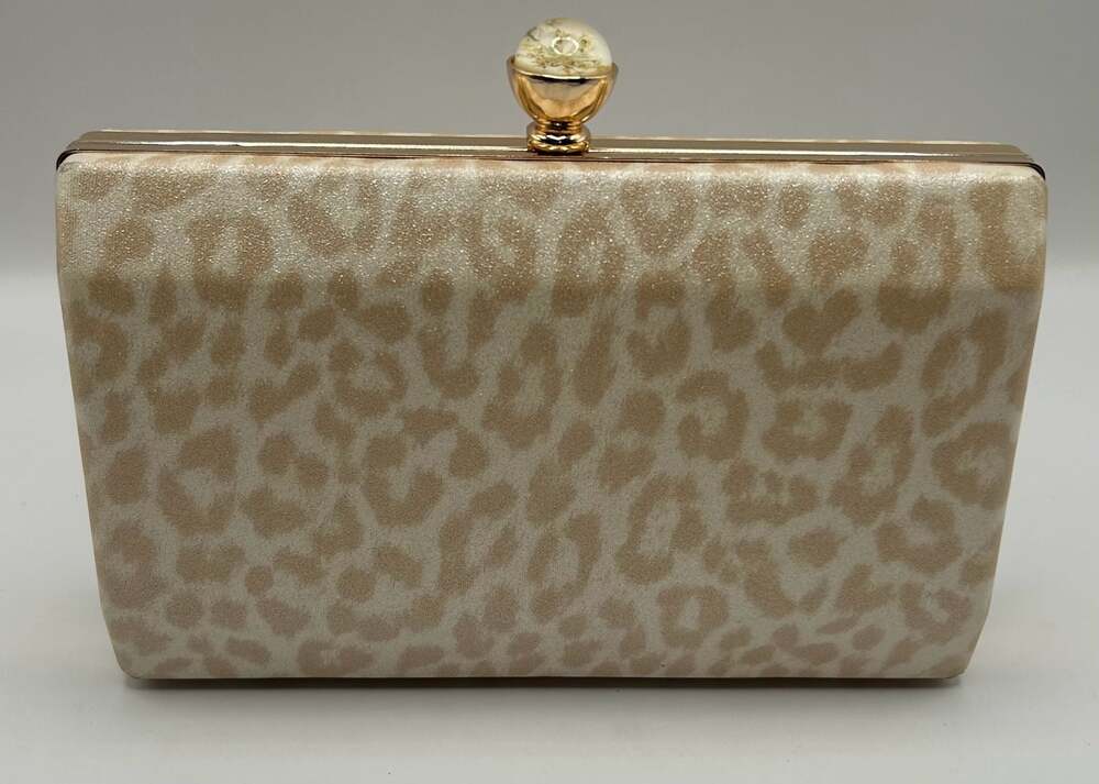 Champagne Leopard Print Box Clutch with Preserved Flower Clasp